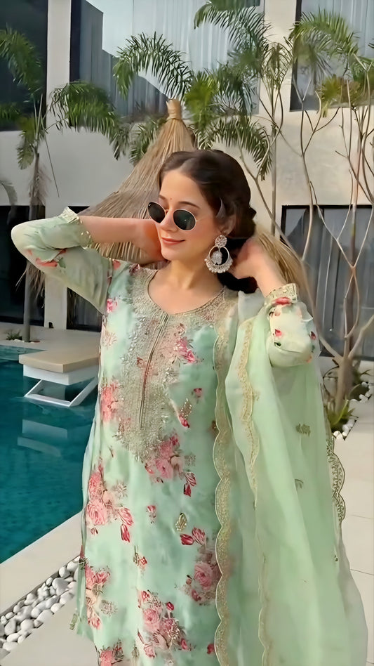 Premium Kundan Organza Embroidered Suit with Stone Mirror Work, Pant & Dupatta | Fully Stitched