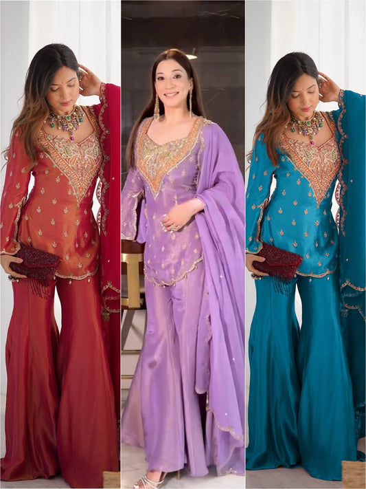 Simar Silk Collection | Embroidered Top-Bottom & Faux Georgette Dupatta Set