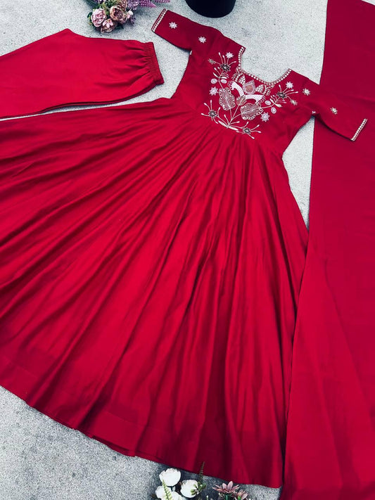 Premium Roman Simmer Silk Embroidered Gown Set with Pant & Dupatta